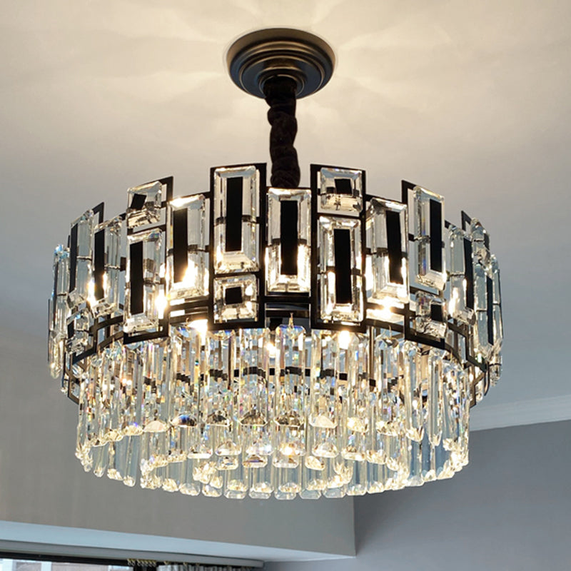 Multi-Layer Round Pendant Chandelier Modern K9 Crystal Hanging Light for Living Room Black 19.5