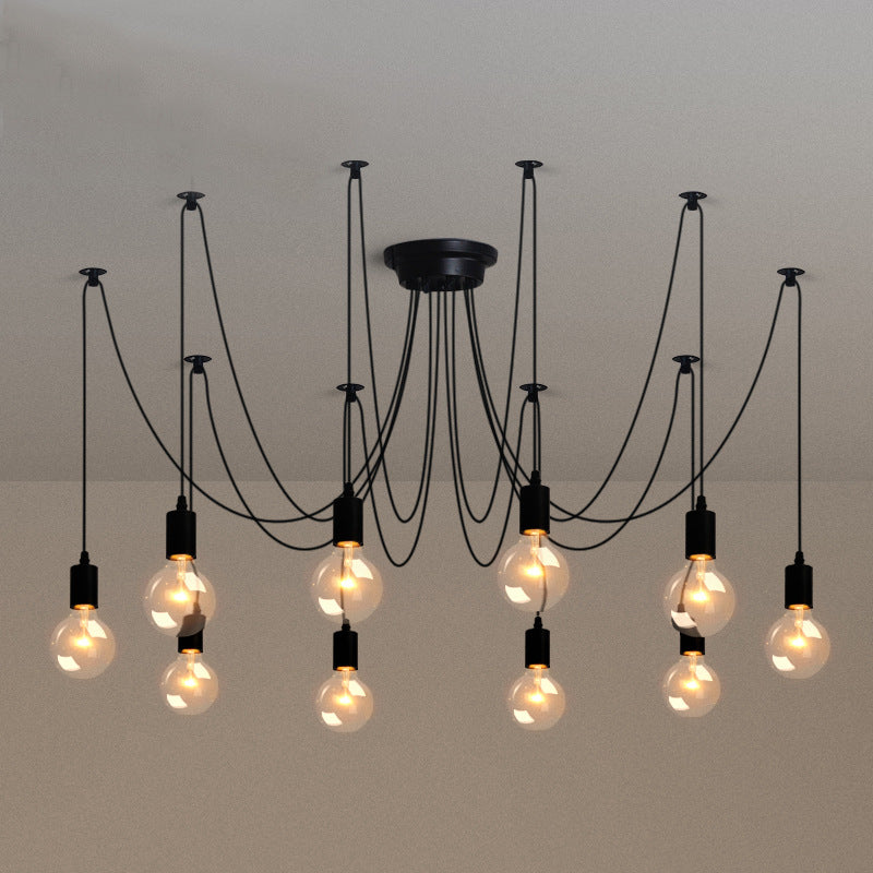 Industrial Exposed Bulb Swag Pendant Metallic Multi Light Chandelier in Black for Living Room 10 Black Clearhalo 'Ceiling Lights' 'Industrial Pendants' 'Industrial' 'Middle Century Pendants' 'Pendant Lights' 'Pendants' 'Tiffany' Lighting' 2462185