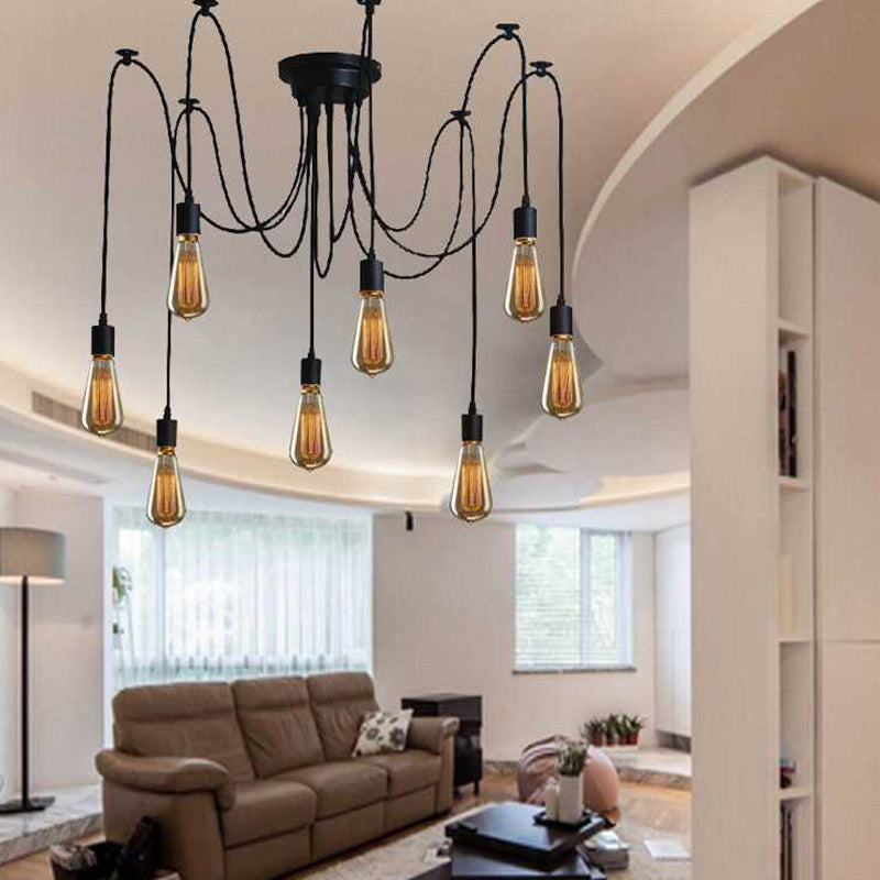 Industrial Exposed Bulb Swag Pendant Metallic Multi Light Chandelier in Black for Living Room Clearhalo 'Ceiling Lights' 'Industrial Pendants' 'Industrial' 'Middle Century Pendants' 'Pendant Lights' 'Pendants' 'Tiffany' Lighting' 2462187