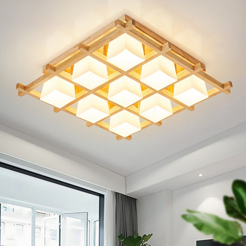 Checkered Wooden Ceiling Lighting Modernism Beige Flushmount Light with Opal Glass Shade Clearhalo 'Ceiling Lights' 'Close To Ceiling Lights' 'Close to ceiling' 'Flush mount' Lighting' 2462291