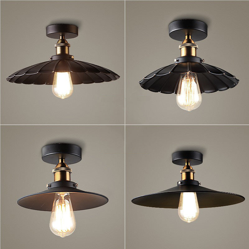 Black Shaded Semi-Flush Ceiling Light Vintage Metal 1-Light Kitchen Flush Mount Light Fixture Clearhalo 'Ceiling Lights' 'Close To Ceiling Lights' 'Close to ceiling' 'Semi-flushmount' Lighting' 2462310