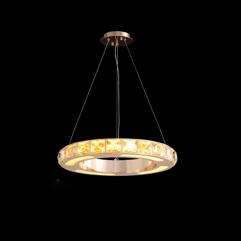 Gold Ring Shaped Chandelier Simple Crystal Embedded LED Pendant Light for Living Room Gold 15.5