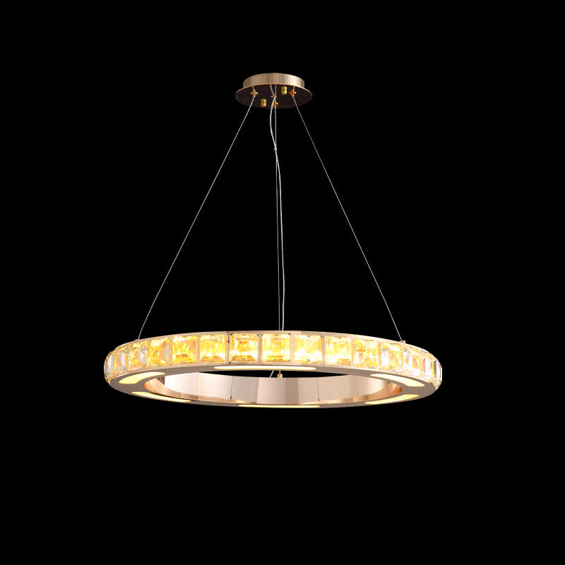 Gold Ring Shaped Chandelier Simple Crystal Embedded LED Pendant Light for Living Room Gold 23.5