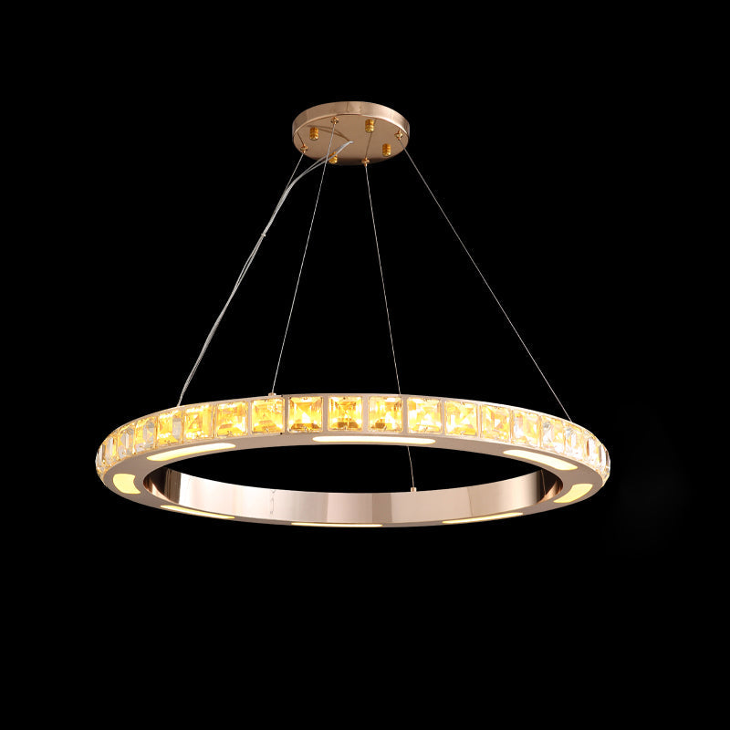 Gold Ring Shaped Chandelier Simple Crystal Embedded LED Pendant Light for Living Room Gold 31.5