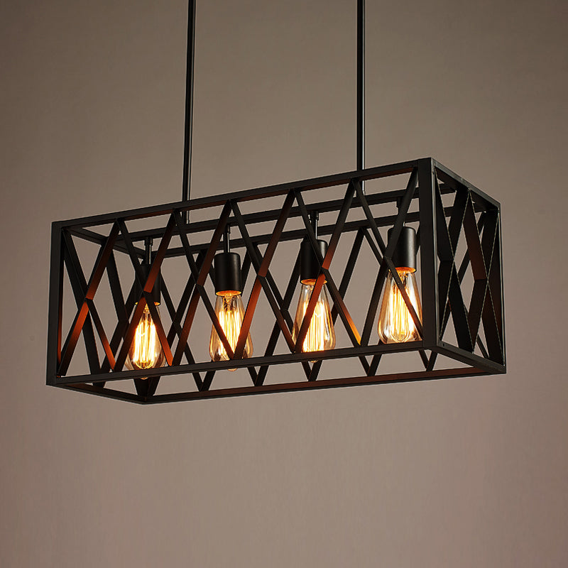 Wrought Iron Black Hanging Light Fixture Rectangular Industrial Style Island Lighting for Bar 4 Black Clearhalo 'Ceiling Lights' 'Island Lights' Lighting' 2462649