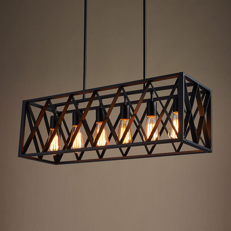 Wrought Iron Black Hanging Light Fixture Rectangular Industrial Style Island Lighting for Bar 6 Black Clearhalo 'Ceiling Lights' 'Island Lights' Lighting' 2462650