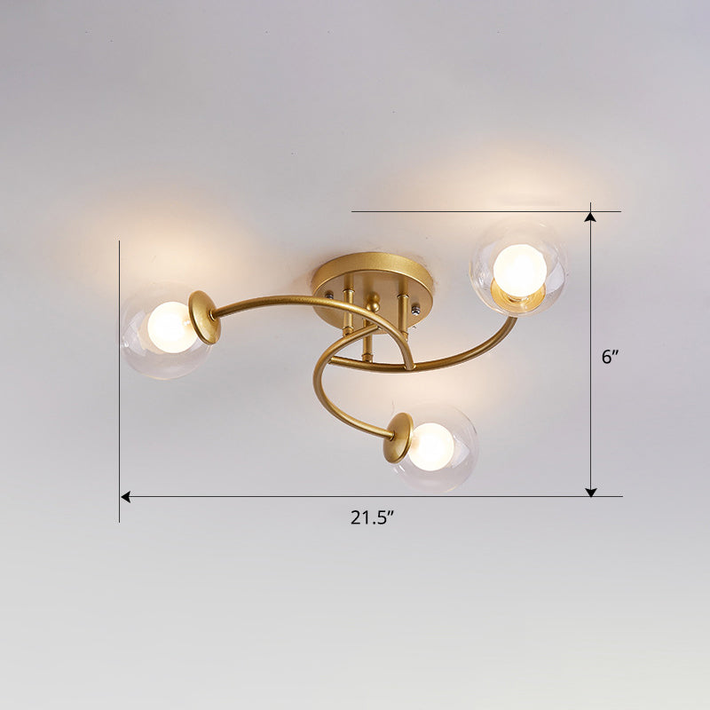 Swirled Metal Semi Flush Light Post-Modern Close to Ceiling Light with Ball Glass Shade Clearhalo 'Ceiling Lights' 'Close To Ceiling Lights' 'Close to ceiling' 'Semi-flushmount' Lighting' 2463089