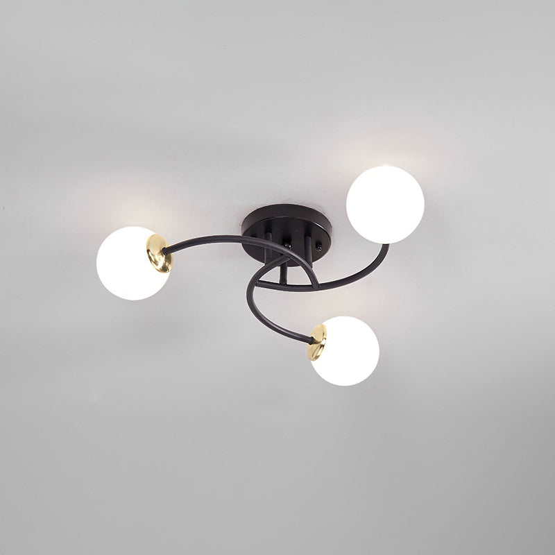 Swirled Metal Semi Flush Light Post-Modern Close to Ceiling Light with Ball Glass Shade 3 Black Milk White Clearhalo 'Ceiling Lights' 'Close To Ceiling Lights' 'Close to ceiling' 'Semi-flushmount' Lighting' 2463095