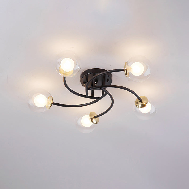 Swirled Metal Semi Flush Light Post-Modern Close to Ceiling Light with Ball Glass Shade 5 Black Clear Clearhalo 'Ceiling Lights' 'Close To Ceiling Lights' 'Close to ceiling' 'Semi-flushmount' Lighting' 2463103