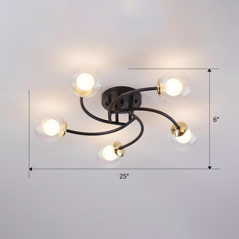 Swirled Metal Semi Flush Light Post-Modern Close to Ceiling Light with Ball Glass Shade Clearhalo 'Ceiling Lights' 'Close To Ceiling Lights' 'Close to ceiling' 'Semi-flushmount' Lighting' 2463109