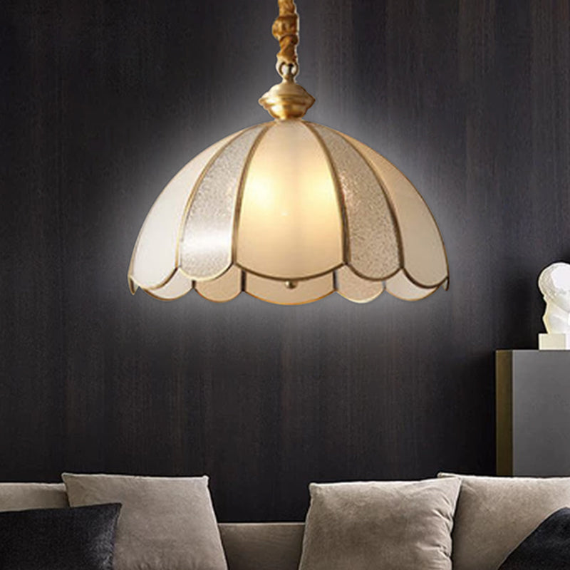 Traditional Scalloped Pendant Lighting Single-Bulb Frosted Glass Hanging Light in Gold 1 Gold Clearhalo 'Ceiling Lights' 'Chandeliers' 'Glass shade' 'Glass' 'Pendant Lights' 'Pendants' Lighting' 2463145