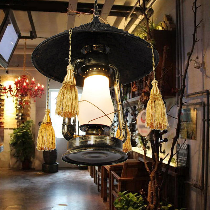 Opal Glass Kerosene Ceiling Lamp Rustic 1 Bulb Aisle Hanging Light with Tassel and Cone Hat Top in Black Clearhalo 'Art Deco Pendants' 'Black' 'Cast Iron' 'Ceiling Lights' 'Ceramic' 'Crystal' 'Industrial Pendants' 'Industrial' 'Metal' 'Middle Century Pendants' 'Pendant Lights' 'Pendants' 'Rustic Pendants' 'Tiffany' Lighting' 2463151