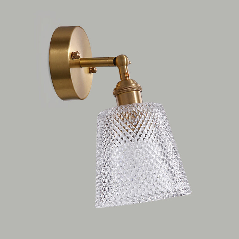 Tapered Adjustable Sconce Lighting Postmodern Textured Glass 1 Head Gold Wall Lamp for Bedroom Clearhalo 'Art deco wall lights' 'Cast Iron' 'Glass' 'Industrial wall lights' 'Industrial' 'Middle century wall lights' 'Modern' 'Rustic wall lights' 'Tiffany' 'Traditional wall lights' 'Wall Lamps & Sconces' 'Wall Lights' Lighting' 2465150