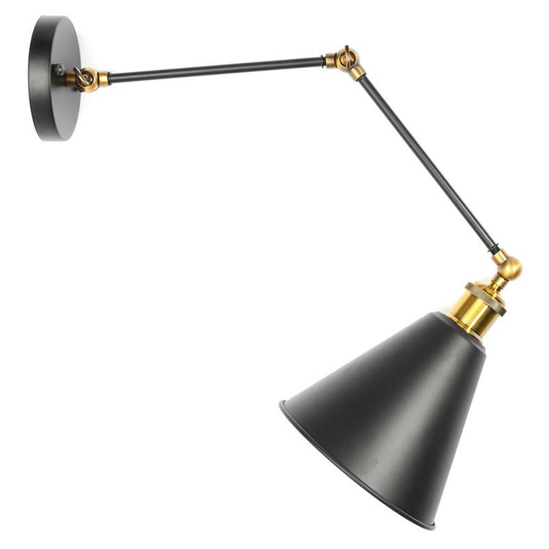 Single-Bulb Metal Sconce Light Vintage Black Conical Bedroom Reading Wall Lamp with Swing Arm Black 8