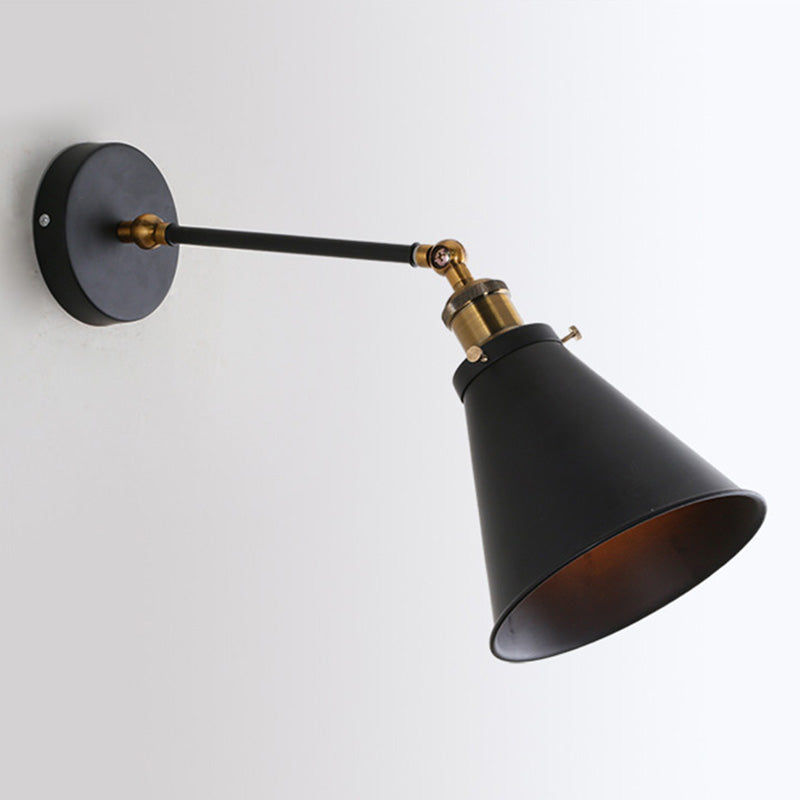 Single-Bulb Metal Sconce Light Vintage Black Conical Bedroom Reading Wall Lamp with Swing Arm Black 8