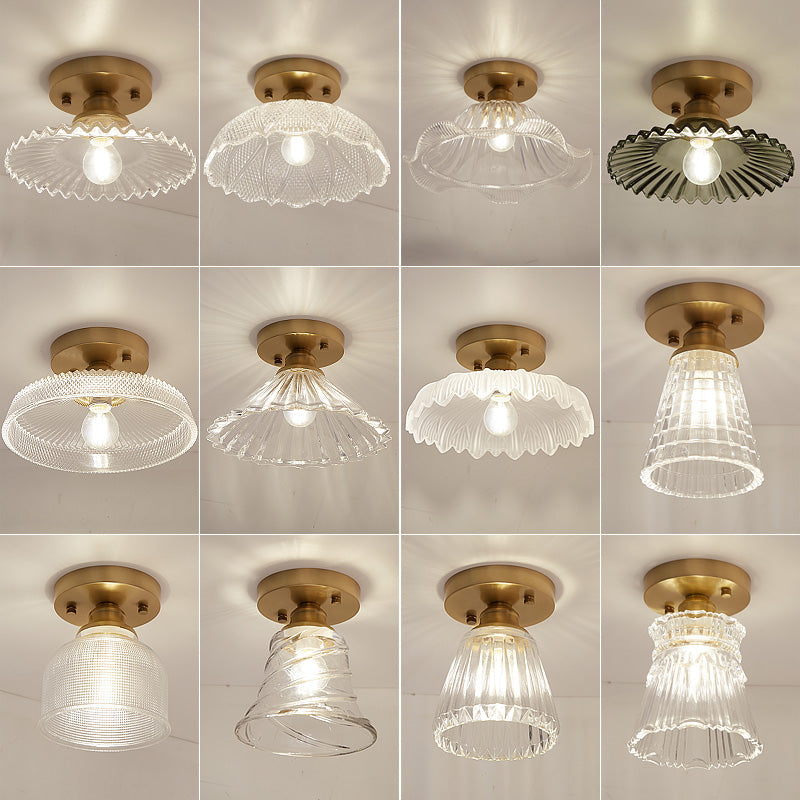 Industrial Small Ceiling Light Fixture 1-Light Textured Glass Semi Flush Mount in Brass for Aisle Clearhalo 'Ceiling Lights' 'Close To Ceiling Lights' 'Close to ceiling' 'Semi-flushmount' Lighting' 2466311