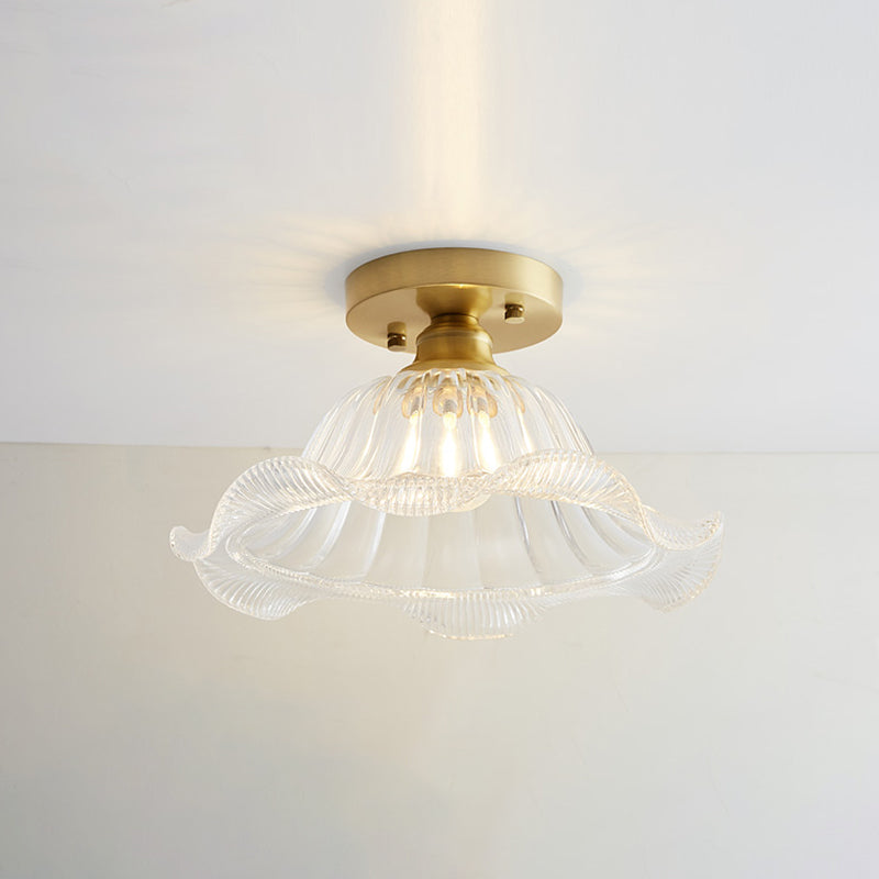 Industrial Small Ceiling Light Fixture 1-Light Textured Glass Semi Flush Mount in Brass for Aisle Clearhalo 'Ceiling Lights' 'Close To Ceiling Lights' 'Close to ceiling' 'Semi-flushmount' Lighting' 2466318