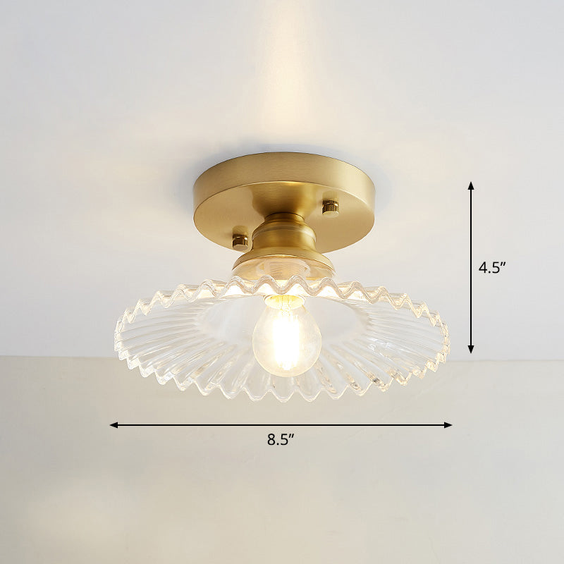 Industrial Small Ceiling Light Fixture 1-Light Textured Glass Semi Flush Mount in Brass for Aisle Clearhalo 'Ceiling Lights' 'Close To Ceiling Lights' 'Close to ceiling' 'Semi-flushmount' Lighting' 2466321