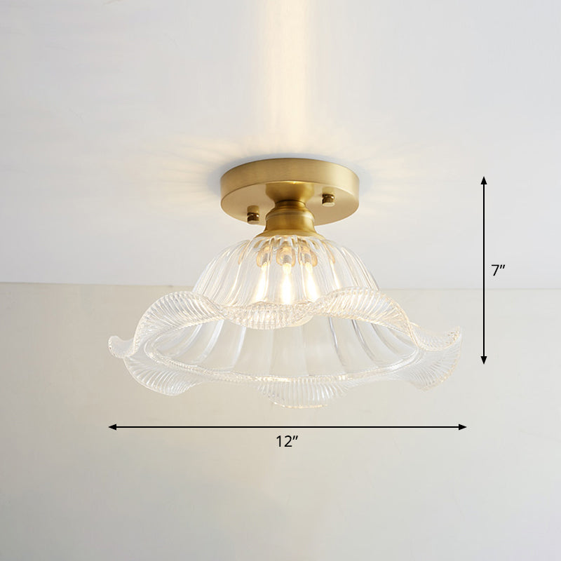 Industrial Small Ceiling Light Fixture 1-Light Textured Glass Semi Flush Mount in Brass for Aisle Clearhalo 'Ceiling Lights' 'Close To Ceiling Lights' 'Close to ceiling' 'Semi-flushmount' Lighting' 2466328