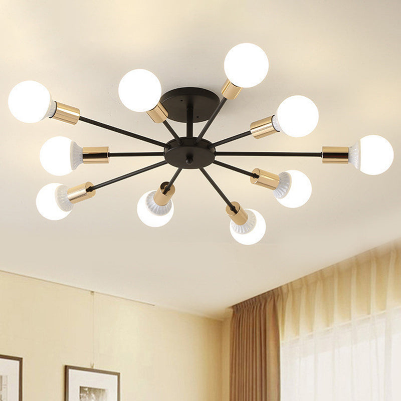 Black Radial Semi Mount Lighting Industrial Metal 10-Head Bedroom Flush Ceiling Light Black Clearhalo 'Ceiling Lights' 'Close To Ceiling Lights' 'Close to ceiling' 'Semi-flushmount' Lighting' 2466338