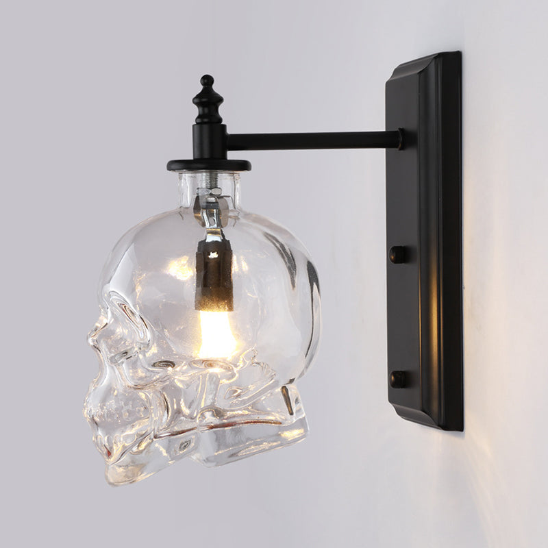 Clear Glass Skull Wall Lighting Art Deco 1 Head Black Sconce Light Fixture for Bedroom Black Clearhalo 'Art deco wall lights' 'Cast Iron' 'Glass' 'Industrial wall lights' 'Industrial' 'Middle century wall lights' 'Modern' 'Rustic wall lights' 'Tiffany' 'Traditional wall lights' 'Wall Lamps & Sconces' 'Wall Lights' Lighting' 2466491