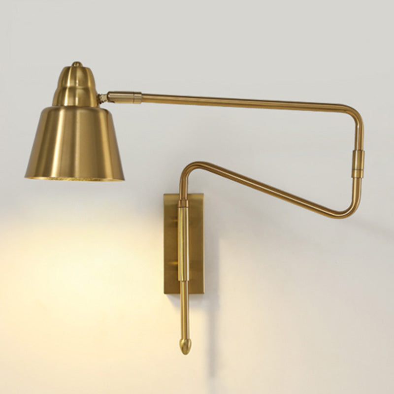 Shaded Bedside Wall Mounted Reading Lamp Metal 1 Head Nordic Task Wall Sconce with Retractable Arm Gold Wide Flare Clearhalo 'Cast Iron' 'Glass' 'Industrial' 'Modern wall lights' 'Modern' 'Tiffany' 'Traditional wall lights' 'Wall Lamps & Sconces' 'Wall Lights' Lighting' 2466935