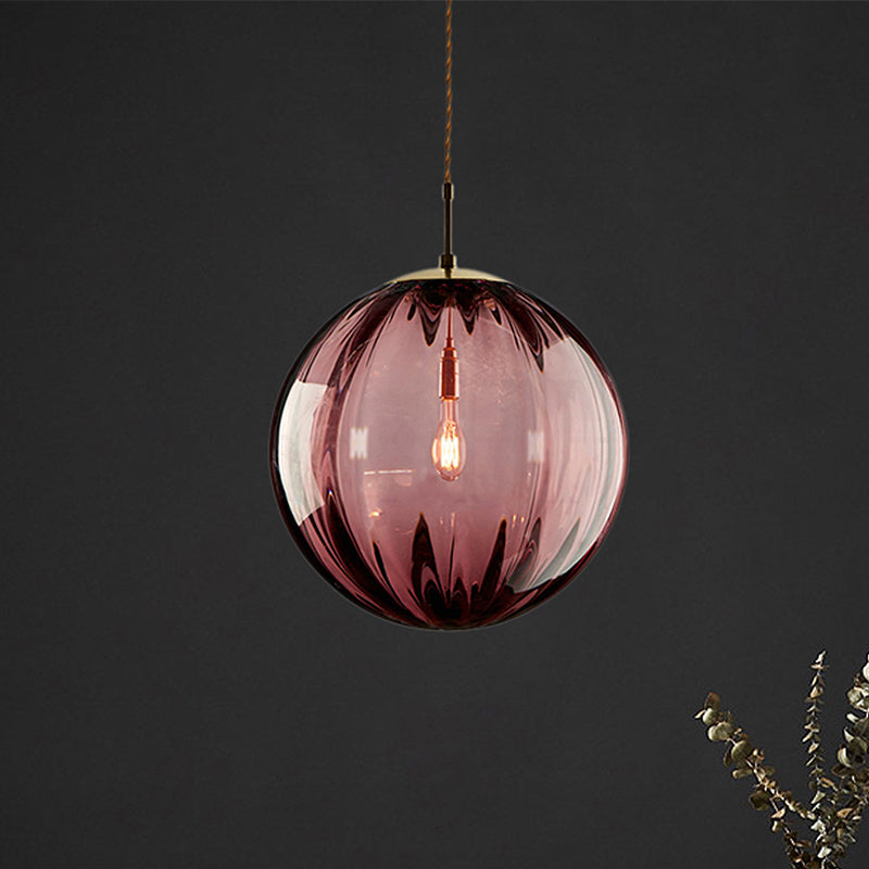 Sphere Pendant Lighting Modern Blue/Purple/Smoky Ribbed Glass 1 Light Led Hanging Ceiling Lamp for Bedroom Purple Clearhalo 'Ceiling Lights' 'Glass shade' 'Glass' 'Modern Pendants' 'Modern' 'Pendant Lights' 'Pendants' Lighting' 246699