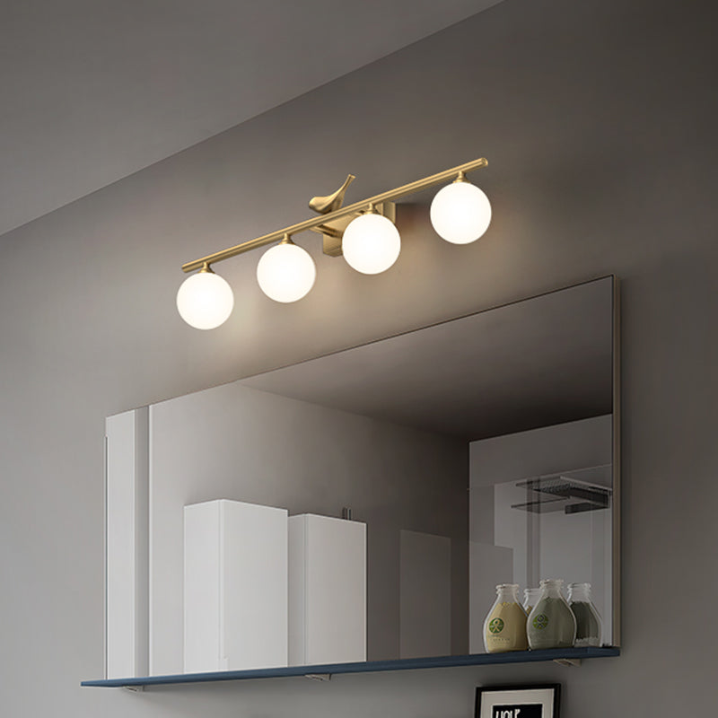 Ball Bathroom Vanity Sconce Opal Glass Postmodern Wall Light with Bird Decor in Brass Clearhalo 'Cast Iron' 'Glass' 'Industrial' 'Modern wall lights' 'Modern' 'Tiffany' 'Traditional wall lights' 'Vanity Lights' 'Wall Lights' Lighting' 2467208