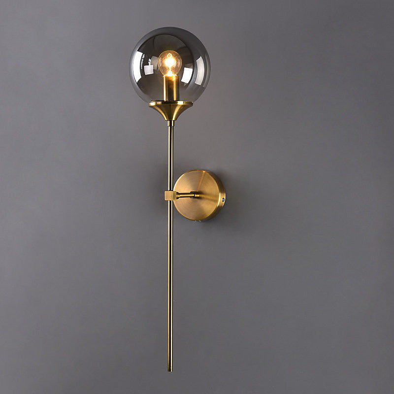 Brass Pencil Arm Wall Lamp Postmodern 1 Head Metal Sconce Light with Ball Glass Shade Smoke Gray Clearhalo 'Cast Iron' 'Glass' 'Industrial' 'Modern wall lights' 'Modern' 'Tiffany' 'Traditional wall lights' 'Wall Lamps & Sconces' 'Wall Lights' Lighting' 2467893