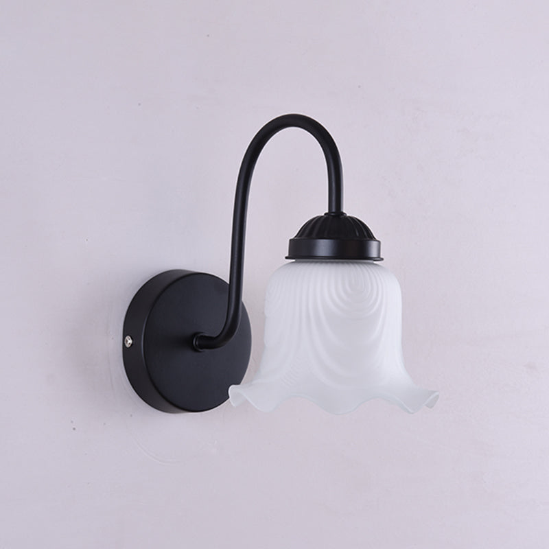 Vintage Ruffled Wall Mount Lighting Milk Glass Vanity Sconce with Gooseneck Arm for Bathroom 1.0 Black Clearhalo 'Vanity Lights' 'Wall Lights' Lighting' 2467959