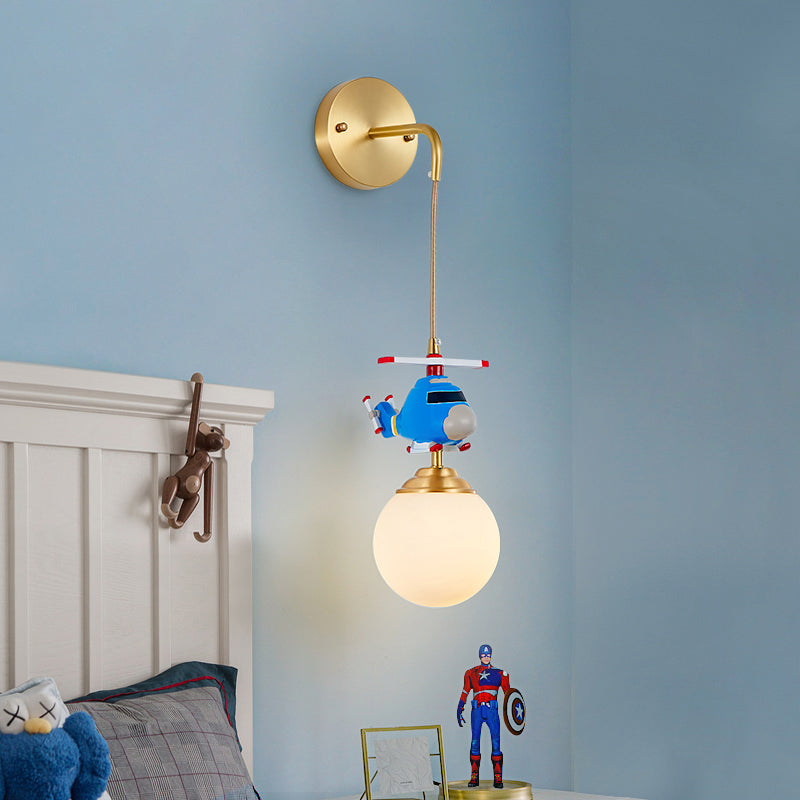 Milk Glass Ball Wall Hanging Light Postmodern 1-Bulb Gold Wall Lamp with Helicopter Deco Clearhalo 'Wall Lamps & Sconces' 'Wall Lights' Lighting' 2468216