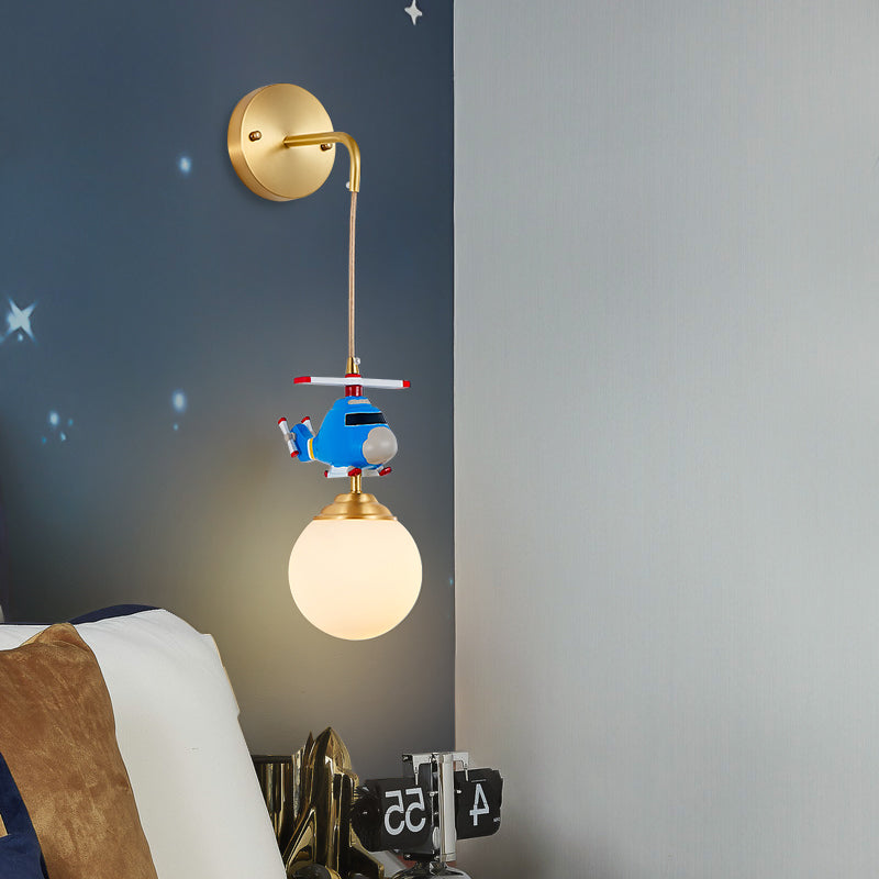 Milk Glass Ball Wall Hanging Light Postmodern 1-Bulb Gold Wall Lamp with Helicopter Deco Blue Clearhalo 'Wall Lamps & Sconces' 'Wall Lights' Lighting' 2468218