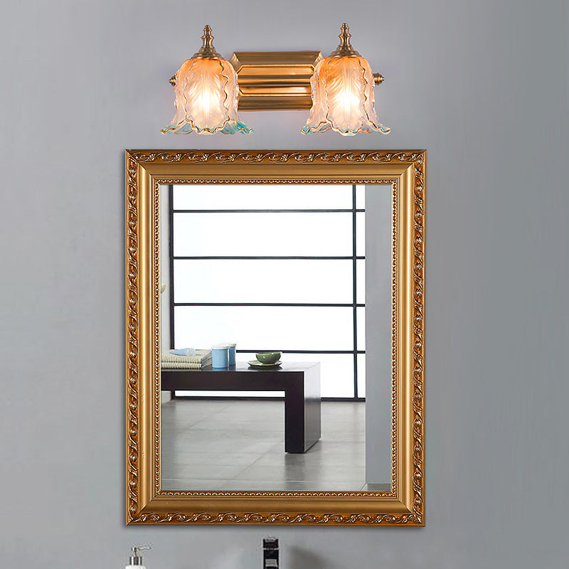 Ombre Glass Flower Vanity Wall Sconce Traditional Bathroom Mirror Light in Brass 2.0 Brass Clearhalo 'Vanity Lights' 'Wall Lights' Lighting' 2468317