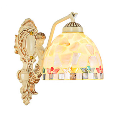 Shell Dome Wall Mount Light with Flower/Square Pattern 1 Light Tiffany Mosaic Wall Lighting in Beige for Bedroom Beige Square Clearhalo 'Industrial' 'Middle century wall lights' 'Tiffany wall lights' 'Tiffany' 'Wall Lamps & Sconces' 'Wall Lights' Lighting' 24702