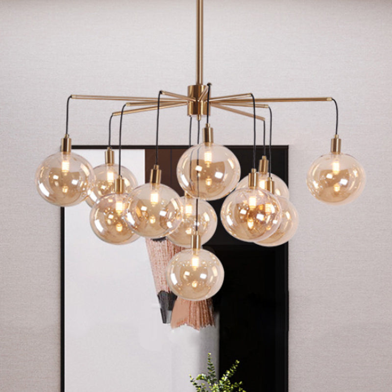 Modern Starburst Chandelier Light Clear/Amber Glass Globe Shade 11 Lights Living Room Hanging Light Amber Clearhalo 'Ceiling Lights' 'Chandeliers' 'Clear' 'Glass shade' 'Glass' 'Industrial' 'Modern Chandeliers' 'Modern' 'Tiffany' 'Traditional Chandeliers' Lighting' 247207