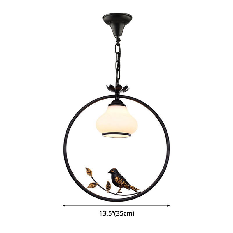 1 Light Bottle Shape Pendant Lighting Traditional Black Metal Hanging Light Fixture with Bird, 12