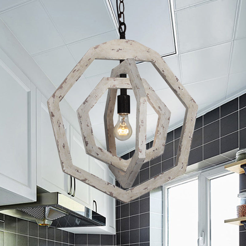 1 Light Pendant Lamp with Heptagon Grey/White/Beige Wood Frame Industrial Hallway Hanging Lamp Kit Clearhalo 'Ceiling Lights' 'Pendant Lights' 'Pendants' Lighting' 247269