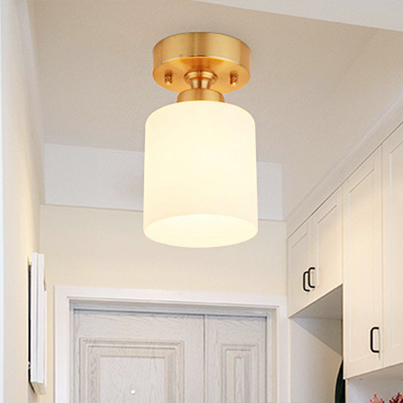 Gold Cylinder Ceiling Light Traditional White Glass 1 Light Corridor Pendant Lighting Fixture Clearhalo 'Ceiling Lights' 'Glass shade' 'Glass' 'Pendant Lights' 'Pendants' Lighting' 247369