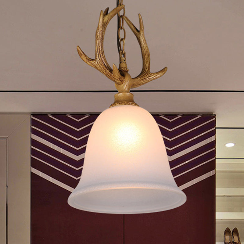 1 Light Bell Ceiling Pendant Light Rustic White Glass Hanging Lamp with Elk Design White Clearhalo 'Ceiling Lights' 'Chandeliers' 'Glass shade' 'Glass' 'Pendant Lights' 'Pendants' Lighting' 247390