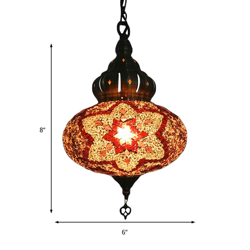 Lantern Red/Green/Gold Glass Suspension Light Retro 1/3 Heads Ceiling Pendant Light for Restaurant Clearhalo 'Ceiling Lights' 'Glass shade' 'Glass' 'Pendant Lights' 'Pendants' Lighting' 247441