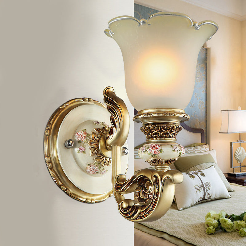 1-Light Frosted Glass Wall Light Traditional Gold Flower Shade Dining Room Sconce Light with Carved Arm Gold Clearhalo 'Wall Lamps & Sconces' 'Wall Lights' Lighting' 247467