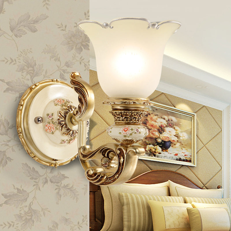 1-Light Frosted Glass Wall Light Traditional Gold Flower Shade Dining Room Sconce Light with Carved Arm Clearhalo 'Wall Lamps & Sconces' 'Wall Lights' Lighting' 247468