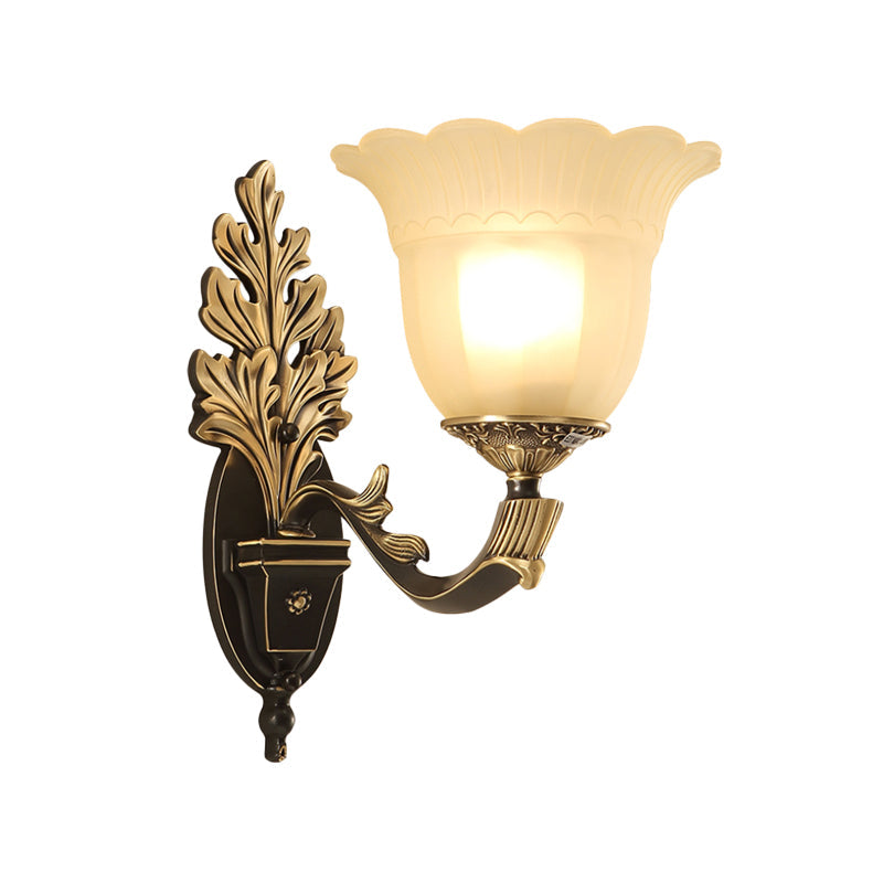 1/2-Light Wall Sconce Traditional Blossom Frosted Glass Sconce Light with Curvy Arm in Black for Hallway Clearhalo 'Wall Lamps & Sconces' 'Wall Lights' Lighting' 247488