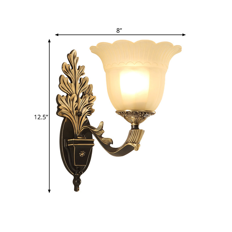 1/2-Light Wall Sconce Traditional Blossom Frosted Glass Sconce Light with Curvy Arm in Black for Hallway Clearhalo 'Wall Lamps & Sconces' 'Wall Lights' Lighting' 247489