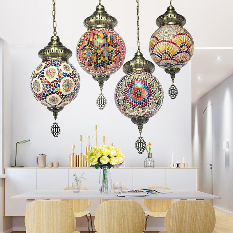 Sphere Suspension Light Retro Colorful Glass 1/4 Heads Hanging Lamp for Restaurant Multi-Color E 4 Clearhalo 'Ceiling Lights' 'Glass shade' 'Glass' 'Pendant Lights' 'Pendants' Lighting' 247536