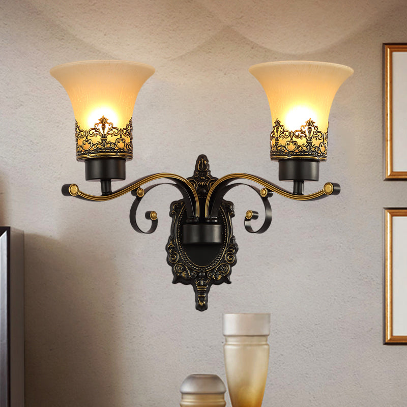 Traditional Flared Wall Mounted Lamp 1/2-Light Frosted Glass Shade Wall Sconce Light in Black for Living Room Clearhalo 'Wall Lamps & Sconces' 'Wall Lights' Lighting' 247577