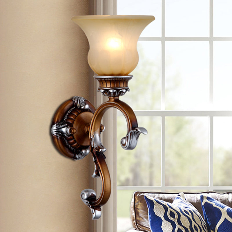 Traditional Flared Wall Sconce 1-Head Frosted Glass Sconce Light with Arched Arm in Brass for Living Room Brass Clearhalo 'Wall Lamps & Sconces' 'Wall Lights' Lighting' 247638