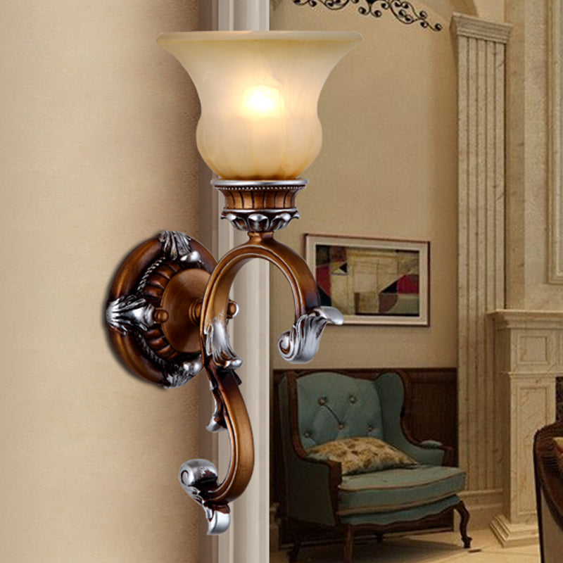 Traditional Flared Wall Sconce 1-Head Frosted Glass Sconce Light with Arched Arm in Brass for Living Room Clearhalo 'Wall Lamps & Sconces' 'Wall Lights' Lighting' 247639