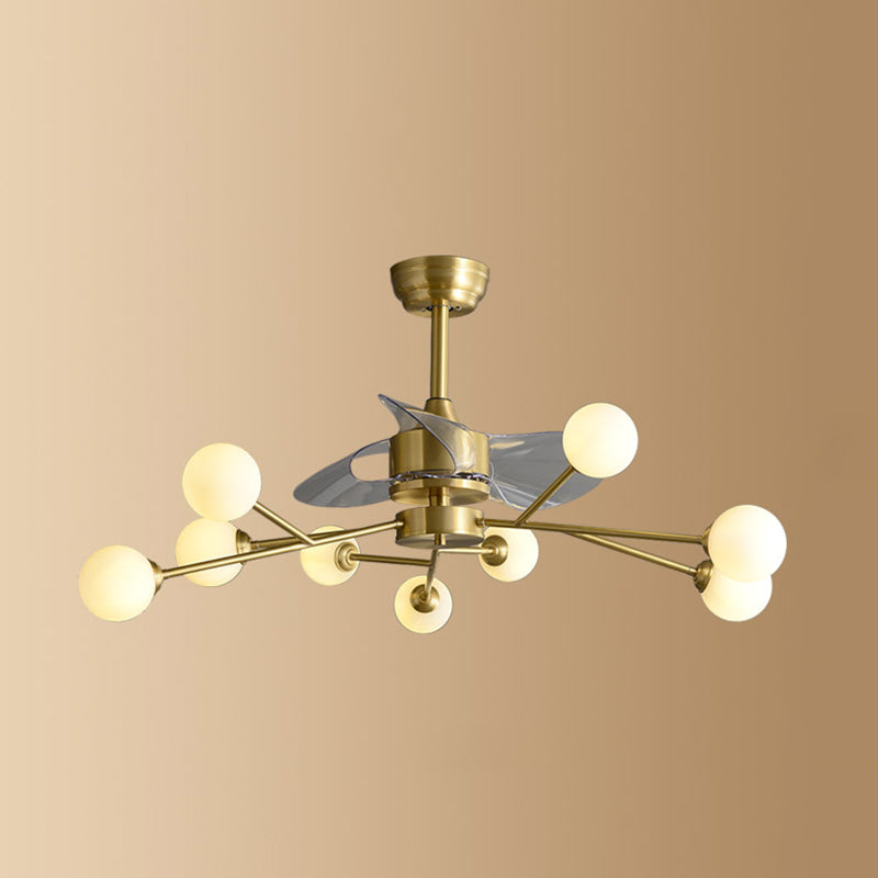 Ivory Glass Molecule Hanging Fan Lamp Postmodern Style Brass Semi Mount Lighting with Remote, 3 Blades 9.0 Brass Remote Clearhalo 'Ceiling Fans with Lights' 'Ceiling Fans' 'Modern Ceiling Fans' 'Modern' Lighting' 2477429