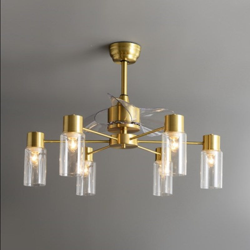 Tubular Clear Glass Hanging Fan Light Minimalistic 3 Blades Brass Semi Flush Mount with Remote, 35.5